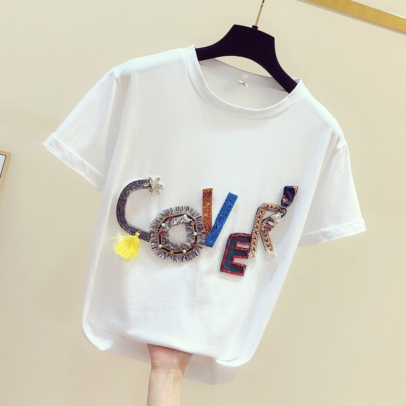 Spot 2023 Spring New Heavy Industry Three-Dimensional Letter Beaded Pure Cotton Loose Short-Sleeved Round Neck White Base T-Shirt For Women - Image 1