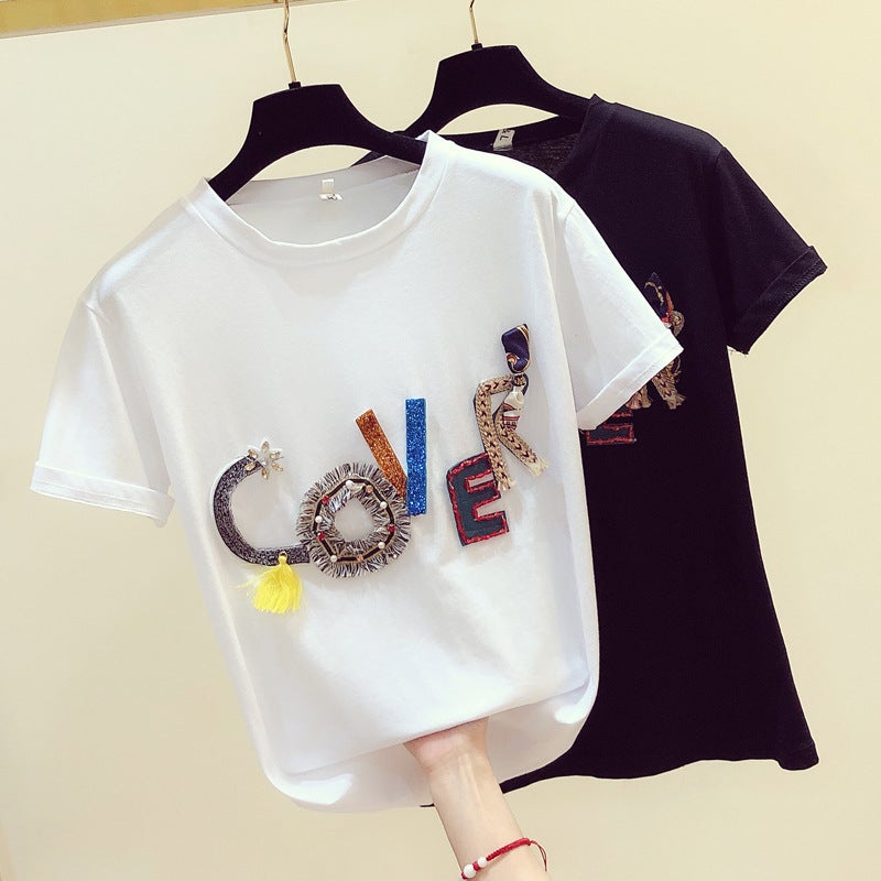 Spot 2023 Spring New Heavy Industry Three-Dimensional Letter Beaded Pure Cotton Loose Short-Sleeved Round Neck White Base T-Shirt For Women - Image 2