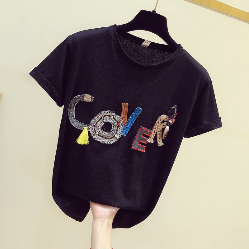 Spot 2023 Spring New Heavy Industry Three-Dimensional Letter Beaded Pure Cotton Loose Short-Sleeved Round Neck White Base T-Shirt For Women - Image 3