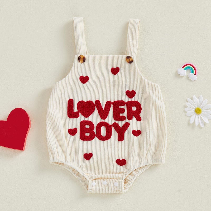 YINGISFITM My First Valentines Day Baby Boy Outfit Lover Boy Bubble Romper Newborn Heart Onesie Overalls Valentine Clothes (Lover Boy Beige, 12-18 Months) - Image 4