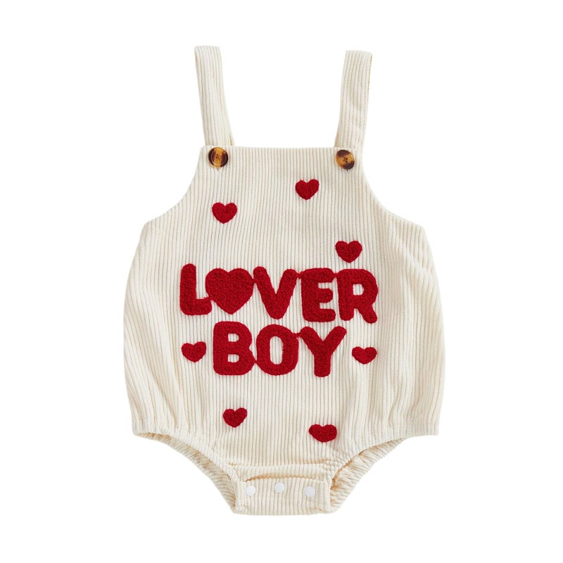 YINGISFITM My First Valentines Day Baby Boy Outfit Lover Boy Bubble Romper Newborn Heart Onesie Overalls Valentine Clothes (Lover Boy Beige, 12-18 Months) - Image 1