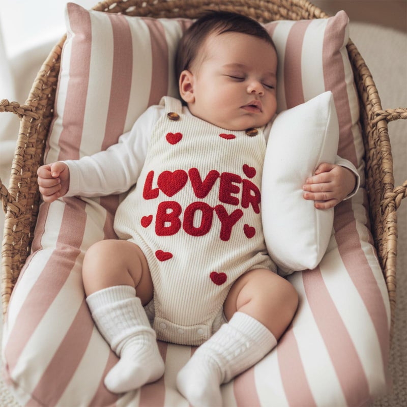 YINGISFITM My First Valentines Day Baby Boy Outfit Lover Boy Bubble Romper Newborn Heart Onesie Overalls Valentine Clothes (Lover Boy Beige, 12-18 Months) - Image 2