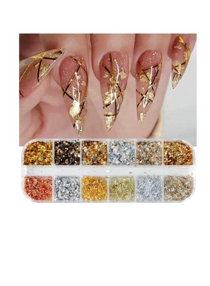 Holographic Nail Glitter Gold Foils for Kit, 12 Grids Sparkly Ultra-Thin Aluminum Foil Nail Art Flakes Designs, Powder Nail Glitters Sequins Acrylic Supplies DIY Manicure Charms Decorations, for Women - Image 1
