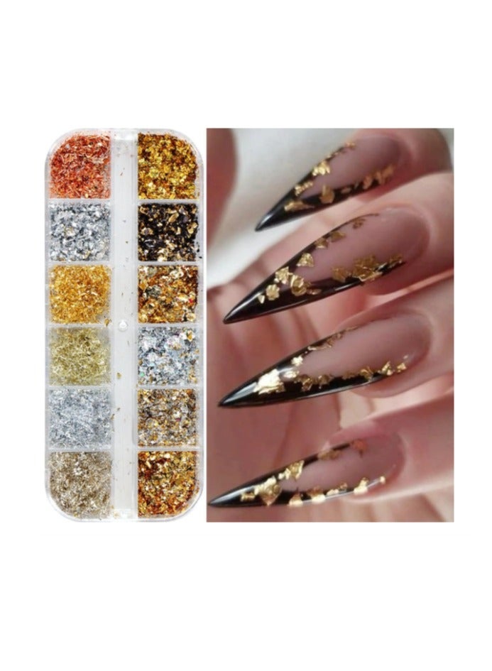 Holographic Nail Glitter Gold Foils for Kit, 12 Grids Sparkly Ultra-Thin Aluminum Foil Nail Art Flakes Designs, Powder Nail Glitters Sequins Acrylic Supplies DIY Manicure Charms Decorations, for Women - Image 2