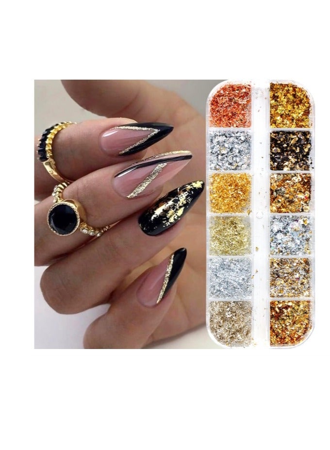 Holographic Nail Glitter Gold Foils for Kit, 12 Grids Sparkly Ultra-Thin Aluminum Foil Nail Art Flakes Designs, Powder Nail Glitters Sequins Acrylic Supplies DIY Manicure Charms Decorations, for Women - Image 3