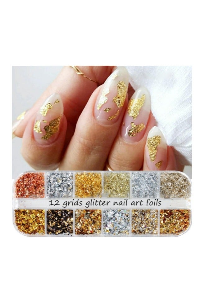 Holographic Nail Glitter Gold Foils for Kit, 12 Grids Sparkly Ultra-Thin Aluminum Foil Nail Art Flakes Designs, Powder Nail Glitters Sequins Acrylic Supplies DIY Manicure Charms Decorations, for Women - Image 5