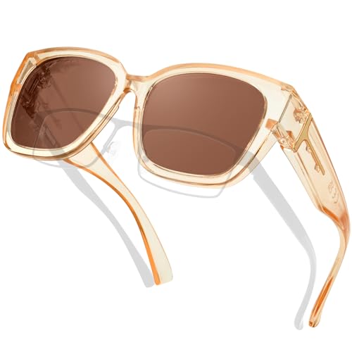 KANASTAL Over Glasses Polarized Sunglasses for Women Men UV400 Protection Shades with Oversized Large Frame Design Square Fashion Trendy Accessories Clear Champagne/Brown - Image 1