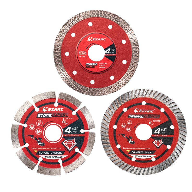 EZARC شفرات منشار الماس EZARC 4-1/2 بوصة لآلة الطحن، 3 قطع 4.5" قطع الماس للحجر، الجرانيت، الخرسانة، البورسلين، السيراميك، بلاط الجرانيت الرخامي (عبوة مختلطة) - Image 1