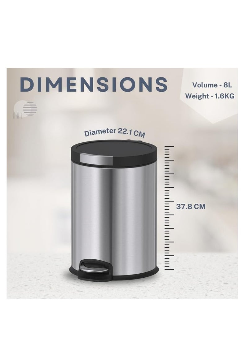 دبيلو تي- إيزي كير سلة مهملات من الفولاذ المقاوم للصدأ سعة 8 لتر - دلو بلاستيكي قابل للإزالة، غطاء ناعم الإغلاق ويبقى مفتوحًا، دواسة قوية، تحكم في الرائحة، قاعدة مانعة للانزلاق، مضادة لبصمات الأصابع - مثالية للمنزل والمكتب وغرفة النوم والمناسبات - Image 2