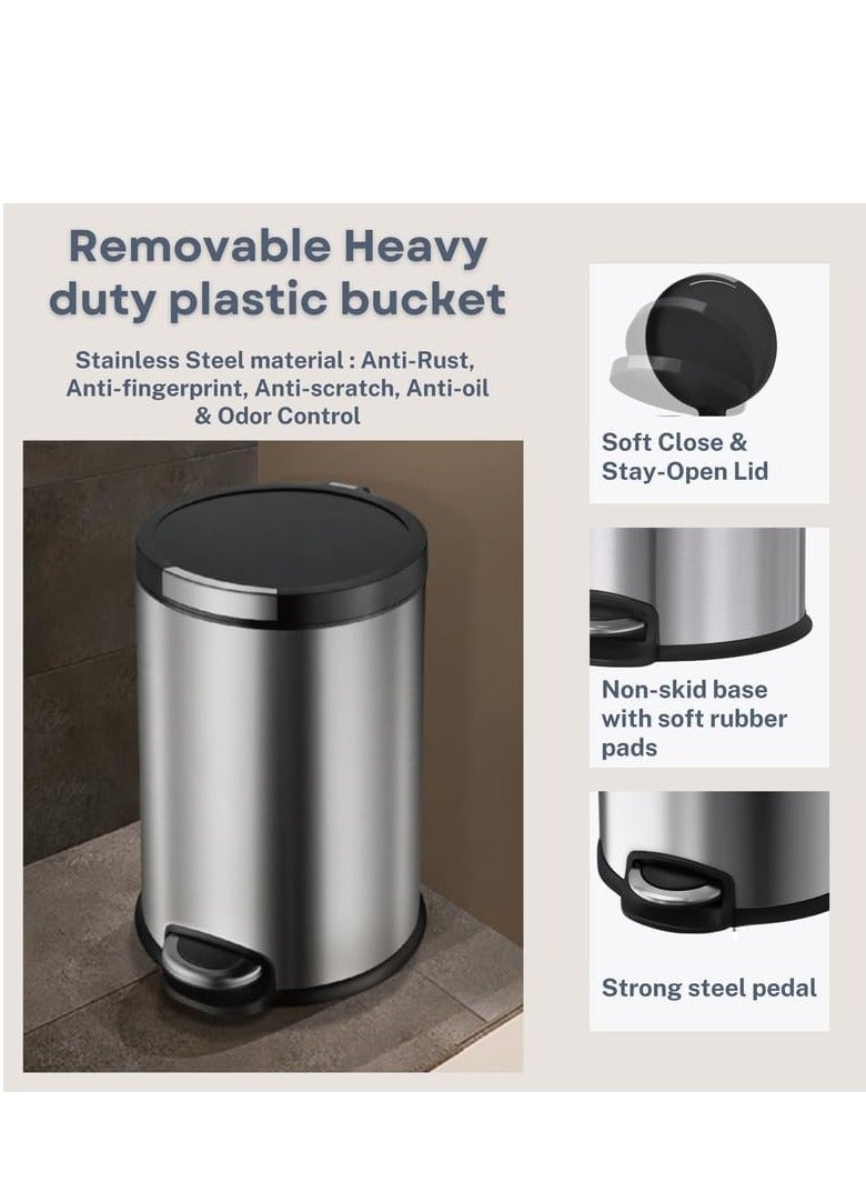دبيلو تي- إيزي كير سلة مهملات من الفولاذ المقاوم للصدأ سعة 8 لتر - دلو بلاستيكي قابل للإزالة، غطاء ناعم الإغلاق ويبقى مفتوحًا، دواسة قوية، تحكم في الرائحة، قاعدة مانعة للانزلاق، مضادة لبصمات الأصابع - مثالية للمنزل والمكتب وغرفة النوم والمناسبات - Image 4