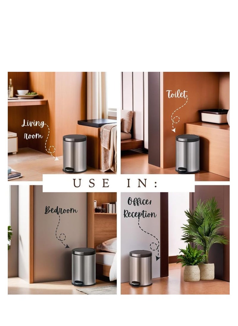 دبيلو تي- إيزي كير سلة مهملات من الفولاذ المقاوم للصدأ سعة 8 لتر - دلو بلاستيكي قابل للإزالة، غطاء ناعم الإغلاق ويبقى مفتوحًا، دواسة قوية، تحكم في الرائحة، قاعدة مانعة للانزلاق، مضادة لبصمات الأصابع - مثالية للمنزل والمكتب وغرفة النوم والمناسبات - Image 5
