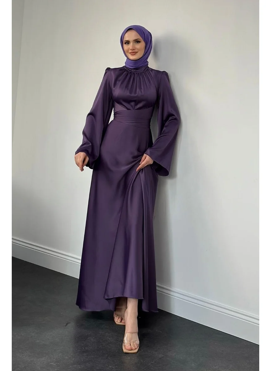 Merven Akyüz Violet Spanish Sleeve Waist Tie Satin Dress Lilac