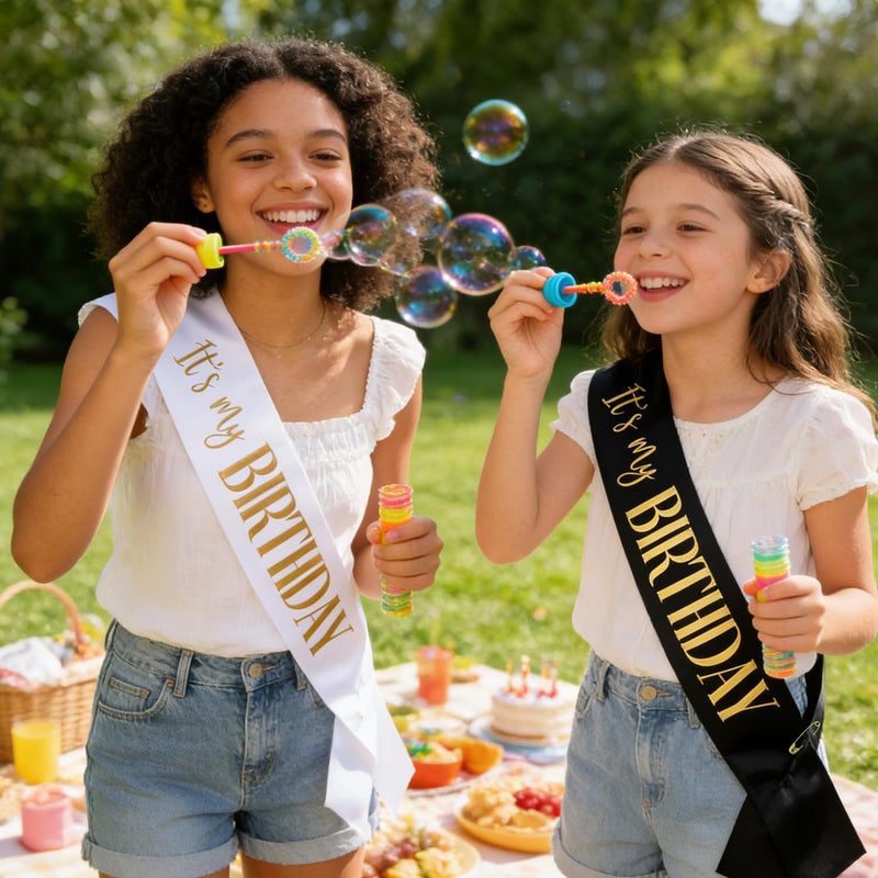 Docooniver 2 Pack It's my Birthday Sash for Women Men Adult Girls Kids Happy Birthday Decorations Accessories Gifts Black and White Sashes with Gold and Rose Gold Lettering - Image 5