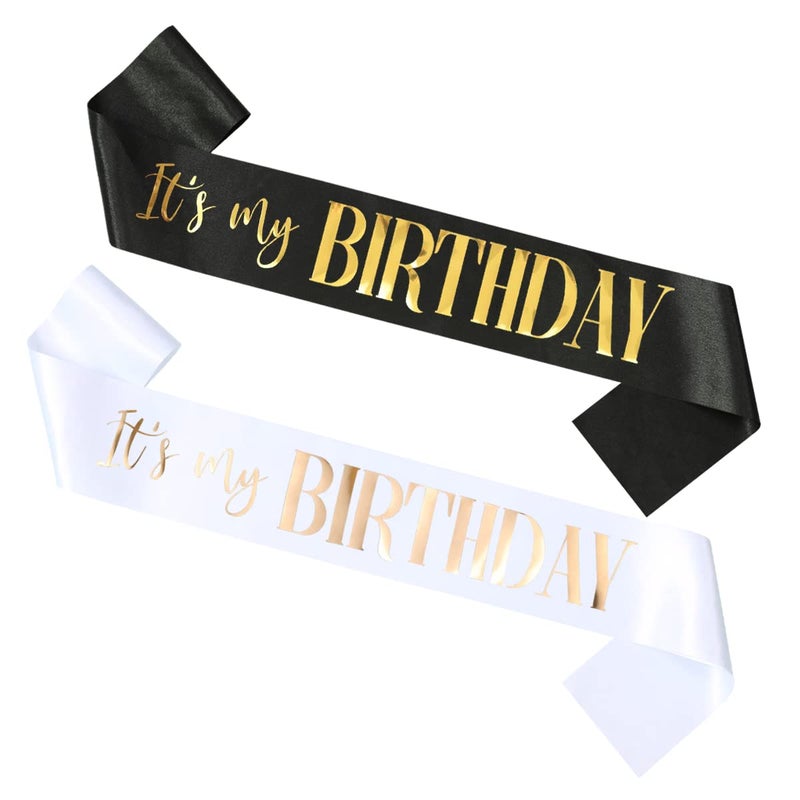 Docooniver 2 Pack It's my Birthday Sash for Women Men Adult Girls Kids Happy Birthday Decorations Accessories Gifts Black and White Sashes with Gold and Rose Gold Lettering - Image 1