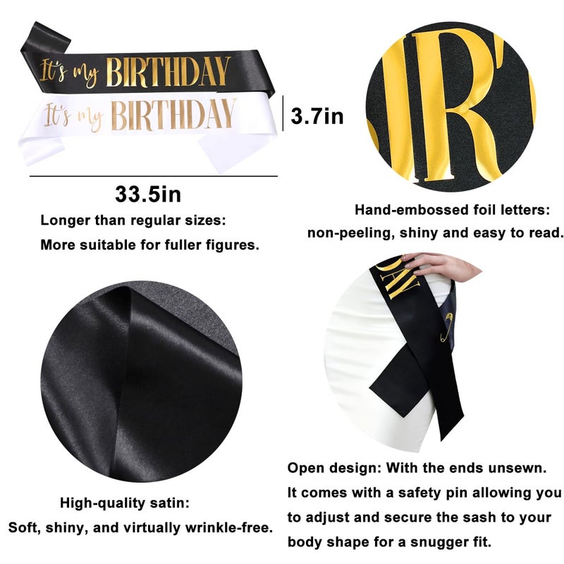 Docooniver 2 Pack It's my Birthday Sash for Women Men Adult Girls Kids Happy Birthday Decorations Accessories Gifts Black and White Sashes with Gold and Rose Gold Lettering - Image 4