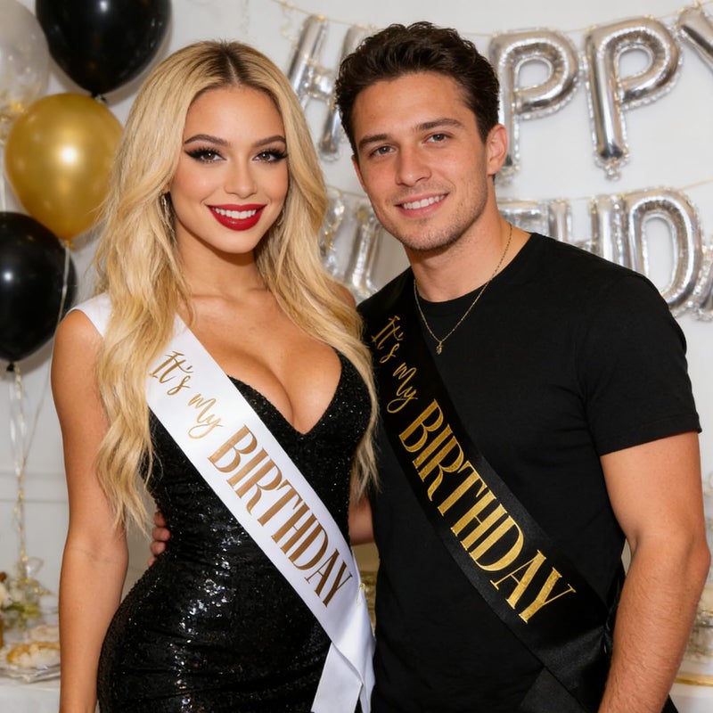 Docooniver 2 Pack It's my Birthday Sash for Women Men Adult Girls Kids Happy Birthday Decorations Accessories Gifts Black and White Sashes with Gold and Rose Gold Lettering - Image 2