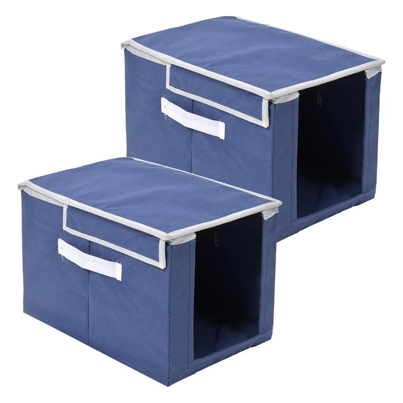 Kuber Industries Pack of 2 NonWoven Cloth Stacker Wardrobe OrganizerBin With Carrying Handle Lid Navy Blue - Image 1