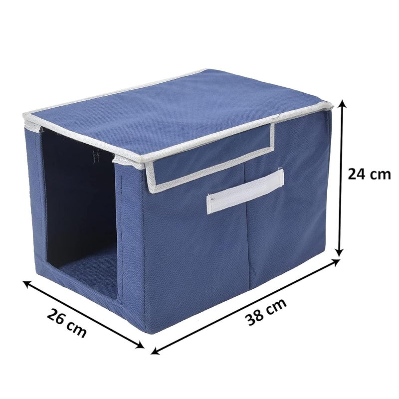 Kuber Industries Pack of 2 NonWoven Cloth Stacker Wardrobe OrganizerBin With Carrying Handle Lid Navy Blue - Image 3