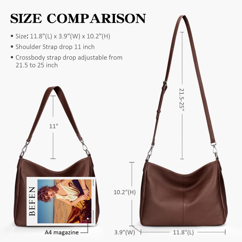 befen Genuine Leather Hobo Bags Purses for Women, Women's Shoulder bag Handbags Crossbody Bag with 2 Shoulder Straps Dark Brown - Image 3