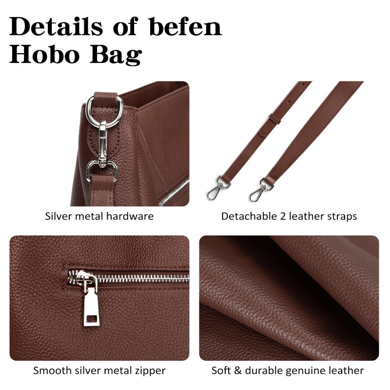 befen Genuine Leather Hobo Bags Purses for Women, Women's Shoulder bag Handbags Crossbody Bag with 2 Shoulder Straps Dark Brown - Image 4