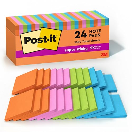 Post It Post-it Super Sticky Notes, 24 Sticky Note Pads, 3 x 3 in., School Supplies, Office Products, Sticky Notes for Vertical Surfaces, Monitors, Walls and Windows, Energy Boost Collection - Image 1