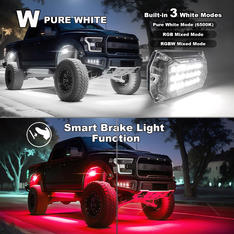 TDE Explorer.Lighting 8 Pods Full Angle RGBW LED Rock Lights, 6500K Pure White RGB Rock Light for Jeeps Truck Golf Cart ATV UTV RZR Pickup Underbody, 12V Waterproof Multicolor Underglow Kit with APP/RF Control Sync Music - Image 4