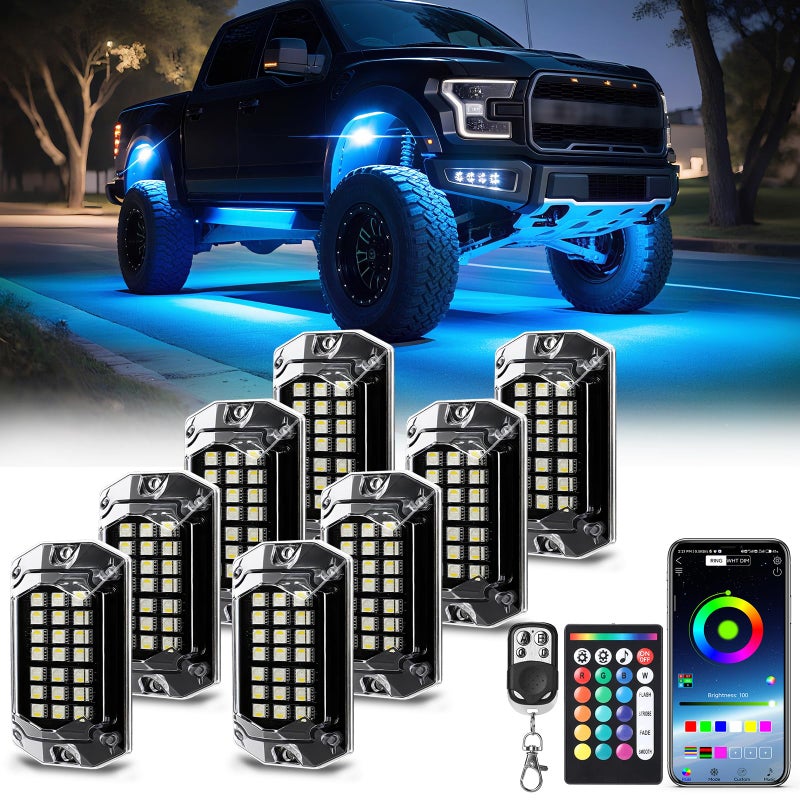 TDE Explorer.Lighting 8 Pods Full Angle RGBW LED Rock Lights, 6500K Pure White RGB Rock Light for Jeeps Truck Golf Cart ATV UTV RZR Pickup Underbody, 12V Waterproof Multicolor Underglow Kit with APP/RF Control Sync Music - Image 1