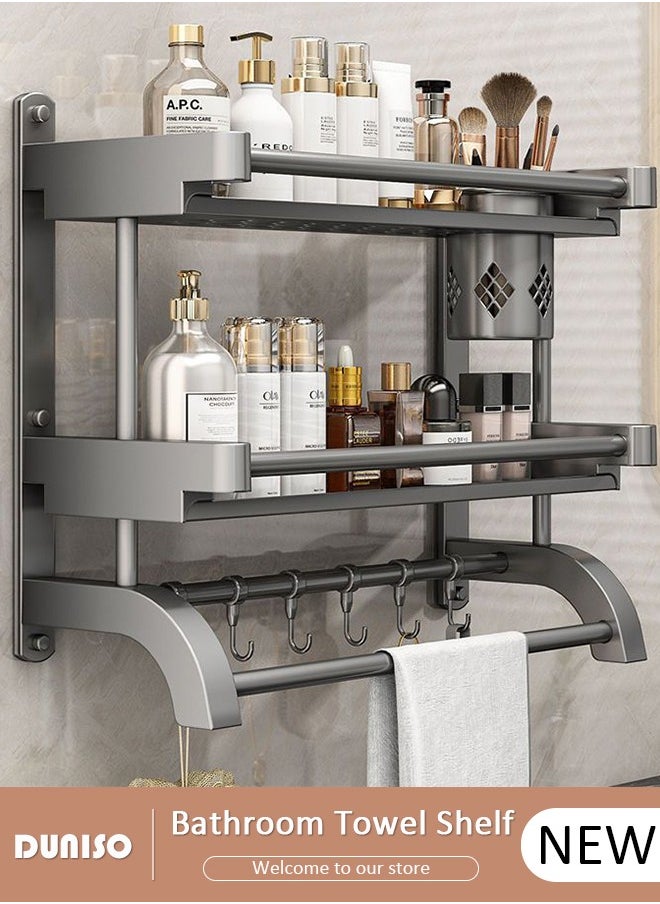 DUNISO 2 Tier Bathroom Shelf with Towel Bars, Bathroom Storage Shelves with Hollow Cup, Towel Rack and Hanging Rod, Adjustable Wall Mounted Shelf Rack Over Toilet for Bathroom and Home Organization  - Image 1