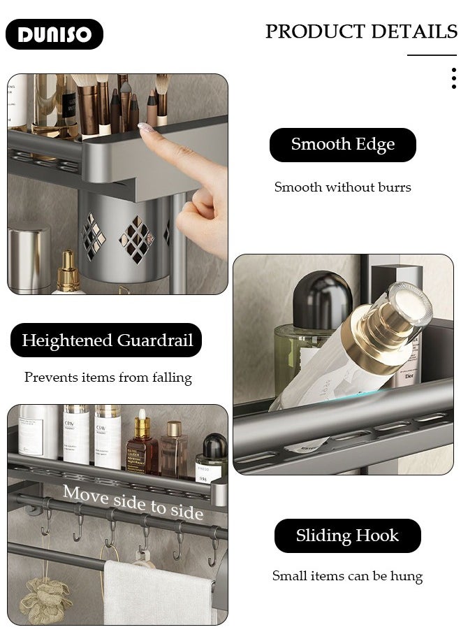 DUNISO 2 Tier Bathroom Shelf with Towel Bars, Bathroom Storage Shelves with Hollow Cup, Towel Rack and Hanging Rod, Adjustable Wall Mounted Shelf Rack Over Toilet for Bathroom and Home Organization  - Image 2