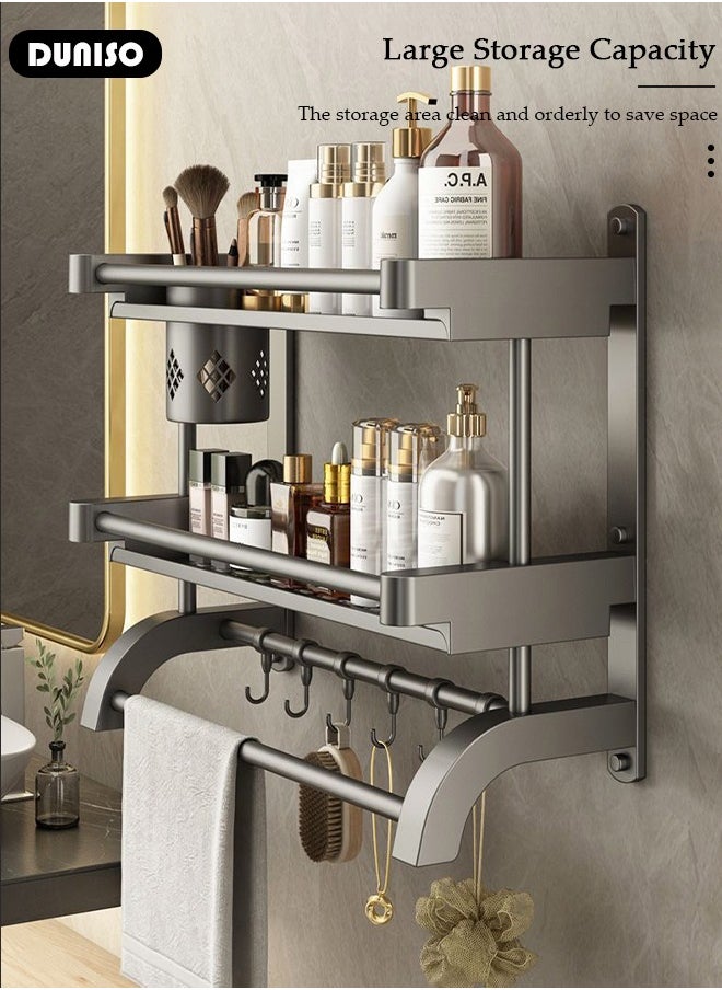 DUNISO 2 Tier Bathroom Shelf with Towel Bars, Bathroom Storage Shelves with Hollow Cup, Towel Rack and Hanging Rod, Adjustable Wall Mounted Shelf Rack Over Toilet for Bathroom and Home Organization  - Image 3