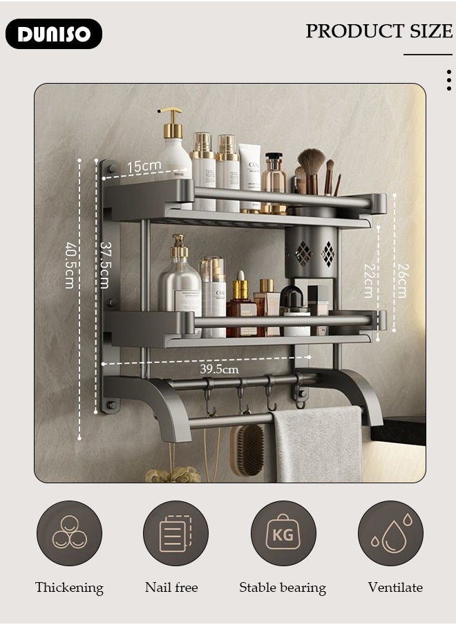 DUNISO 2 Tier Bathroom Shelf with Towel Bars, Bathroom Storage Shelves with Hollow Cup, Towel Rack and Hanging Rod, Adjustable Wall Mounted Shelf Rack Over Toilet for Bathroom and Home Organization  - Image 4