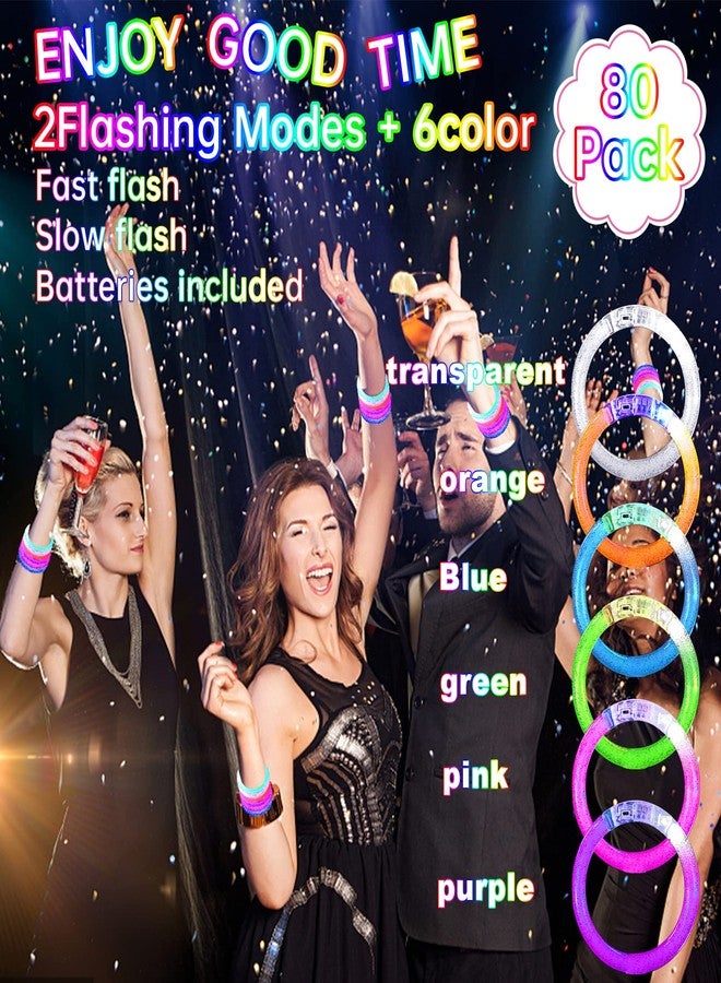 CLRBEATTY 80 Pack LED Bracelets,6 Color Glow Bracelet Glow in The Dark Bracelets,Flashing Light Up Bracelet for Adults,Glow Stick Bracelet for Concerts Festivals Carnival Rave Neon Party Supplies - Image 2