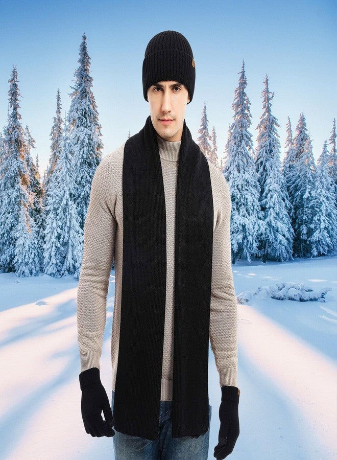 floconssy 3 PCS Men's Winter Hat Scarf Gloves Set, Warm Knit Beanie Thermal Long Scarf fleece lined Touchscreen Gloves for Cold Weather Black - Image 5