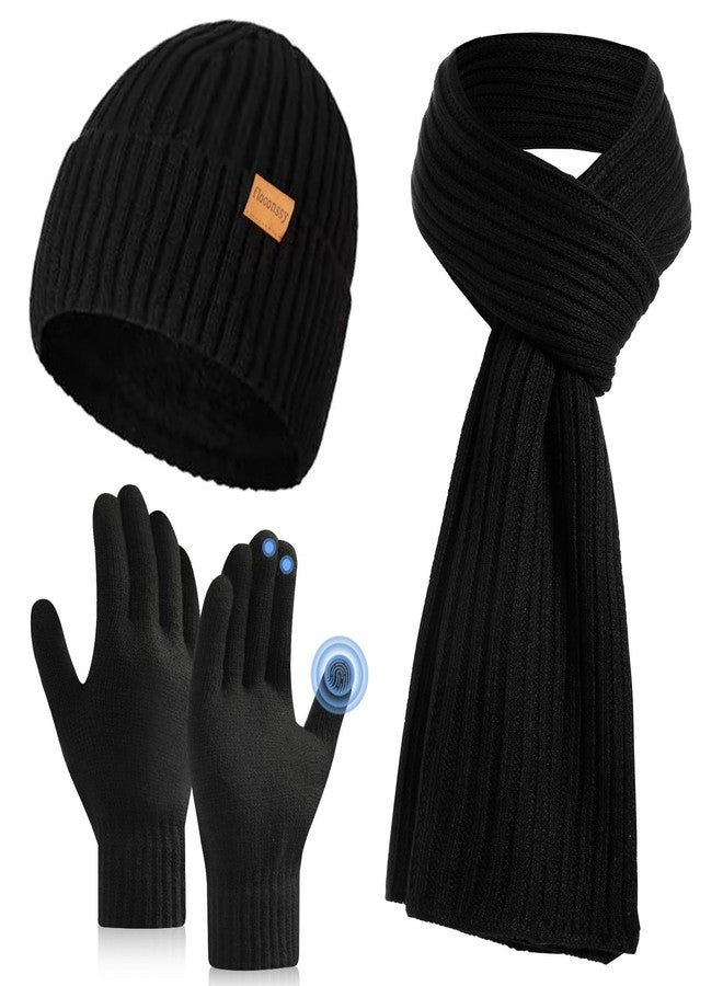 floconssy 3 PCS Men's Winter Hat Scarf Gloves Set, Warm Knit Beanie Thermal Long Scarf fleece lined Touchscreen Gloves for Cold Weather Black - Image 1