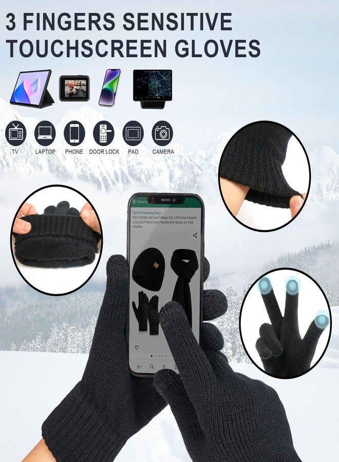 floconssy 3 PCS Men's Winter Hat Scarf Gloves Set, Warm Knit Beanie Thermal Long Scarf fleece lined Touchscreen Gloves for Cold Weather Black - Image 3