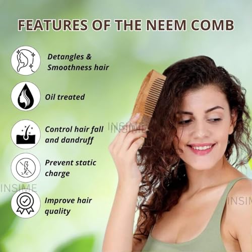 INSIME Neem wooden comb for women hair growth | Kacchi herb treated neem wood comb for men women | Dual 2 in 1 Fine & Wide tooth Hair comb for Men & Women - Image 3