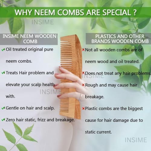 INSIME Neem wooden comb for women hair growth | Kacchi herb treated neem wood comb for men women | Dual 2 in 1 Fine & Wide tooth Hair comb for Men & Women - Image 5