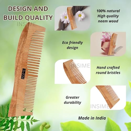 INSIME Neem wooden comb for women hair growth | Kacchi herb treated neem wood comb for men women | Dual 2 in 1 Fine & Wide tooth Hair comb for Men & Women - Image 4
