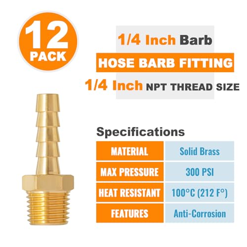 SUNGATOR 12-Pack 1/4'' Air Hose Fittings, Brass Hose Barb Fittings, 1/4 Inch NPT Male Pipe to 1/4'' Barb End Aadapter, Brass 1/4'' Air Line Repair Kit for Compressor, Gas, Auto Shop - Image 4