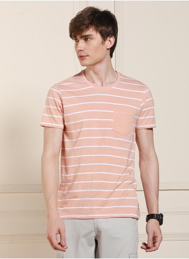 Dennis Lingo Regular Fit Peach Cotton-Poly T-Shirt Crew Neck  - Image 5