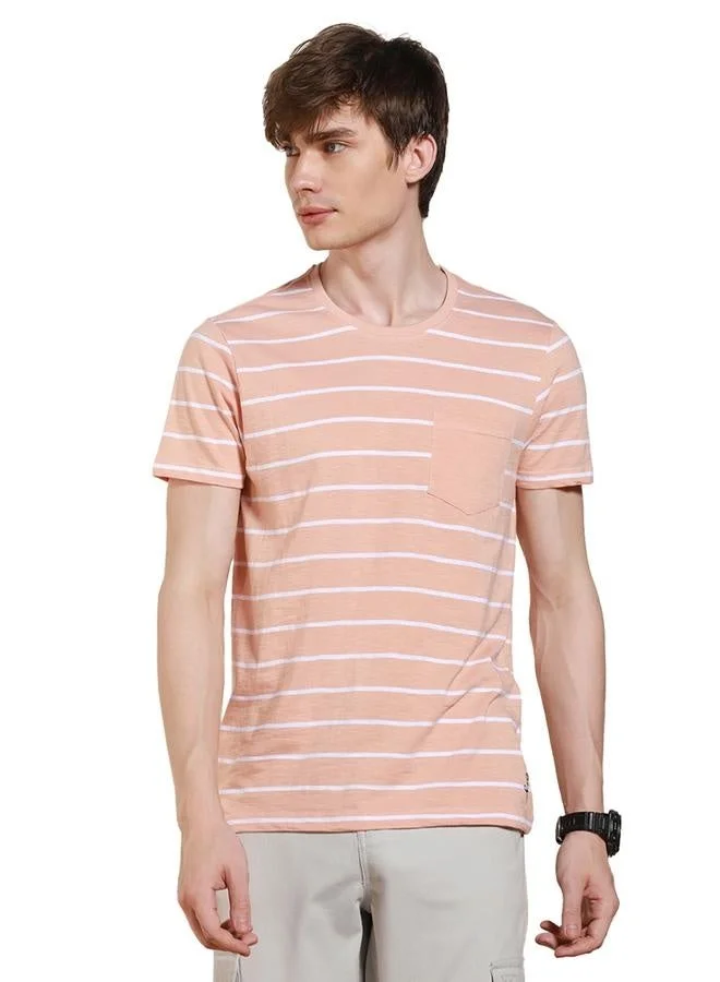 Regular Fit Peach Cotton-Poly T-Shirt Crew Neck