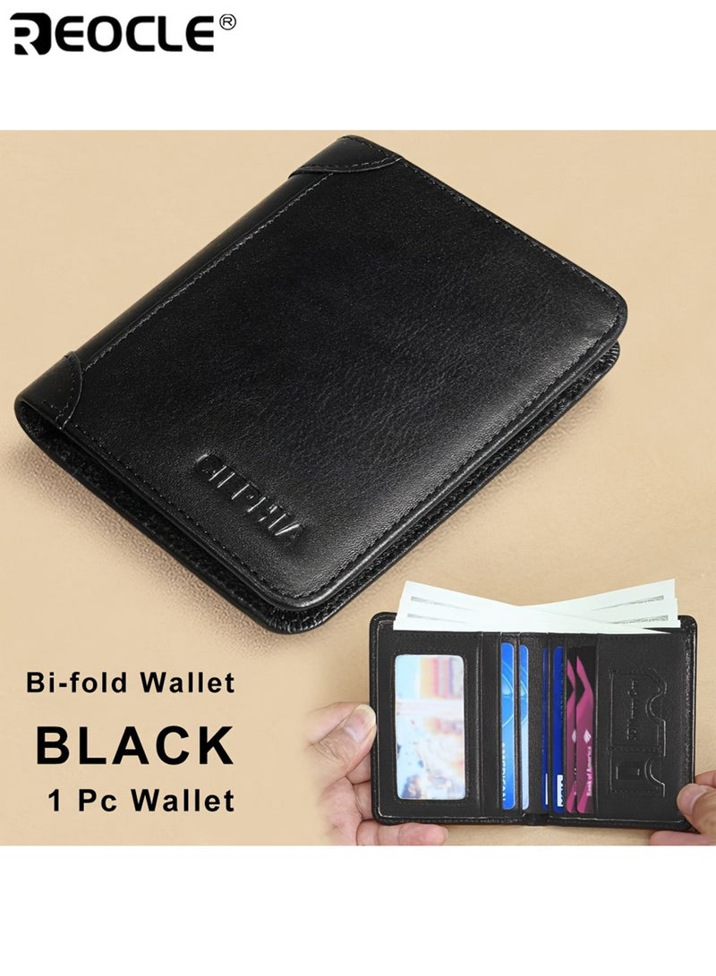 ريوكل محفظة حجب رجالية ضئيلة الحد الأدنى محفظة جلدية عتيقة مع حماية ضد السرقة جلد البقر الأصلي تصميم ثنائي الطي مدمج مع نافذة الهوية هدية مثالية للأب الزوج وصديقها - Image 1