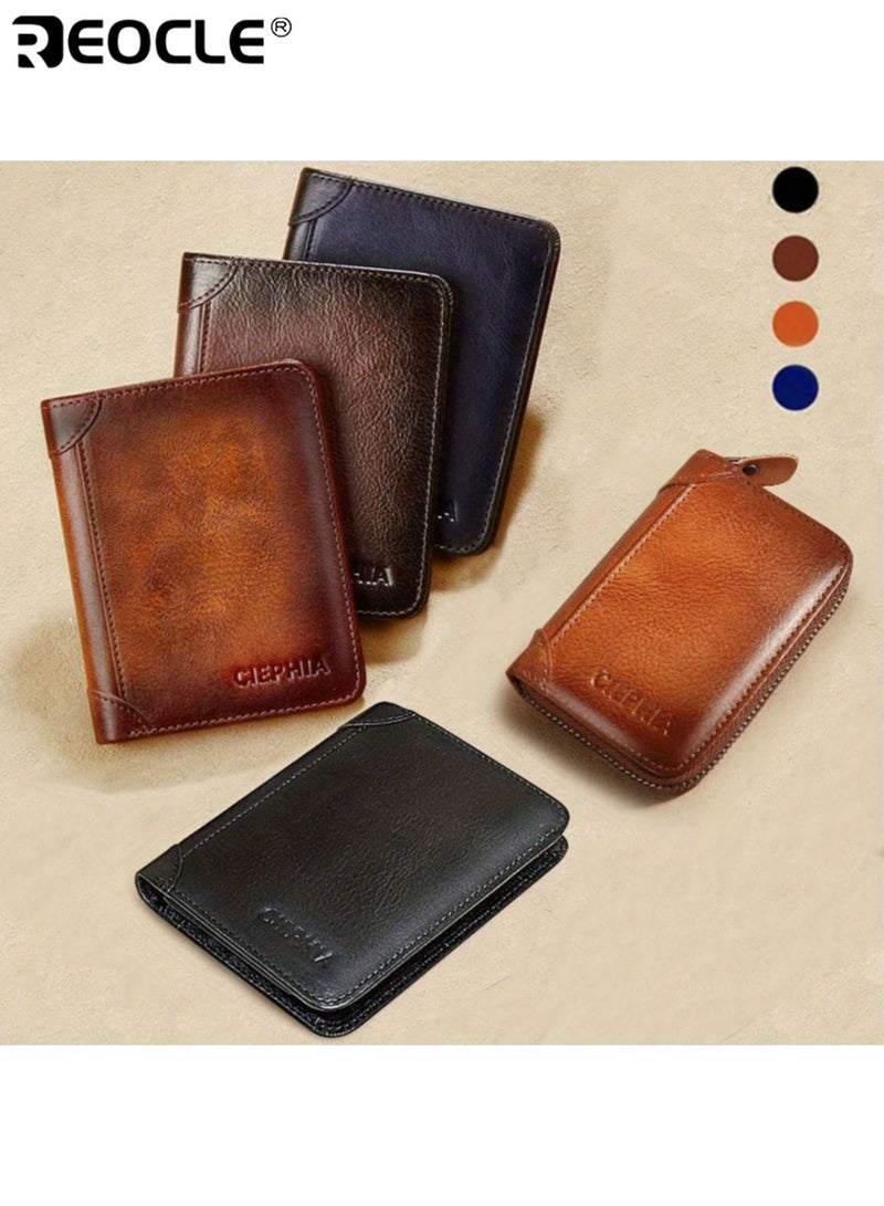 ريوكل محفظة حجب رجالية ضئيلة الحد الأدنى محفظة جلدية عتيقة مع حماية ضد السرقة جلد البقر الأصلي تصميم ثنائي الطي مدمج مع نافذة الهوية هدية مثالية للأب الزوج وصديقها - Image 2