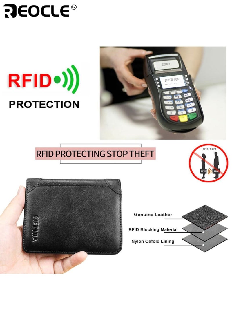 ريوكل محفظة حجب رجالية ضئيلة الحد الأدنى محفظة جلدية عتيقة مع حماية ضد السرقة جلد البقر الأصلي تصميم ثنائي الطي مدمج مع نافذة الهوية هدية مثالية للأب الزوج وصديقها - Image 3