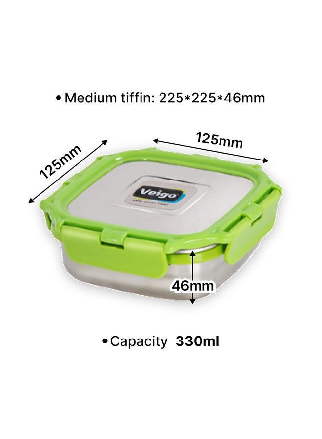 Veigo Veigo Original Stainless Steel Medium Snack Box (330 ml)| Airtight & Leakproof| Freezer & Dishwasher Safe| Snacks Box for School|Silicone Ring & Polymer Frame| Safe Lid Lock| Green  - Image 3