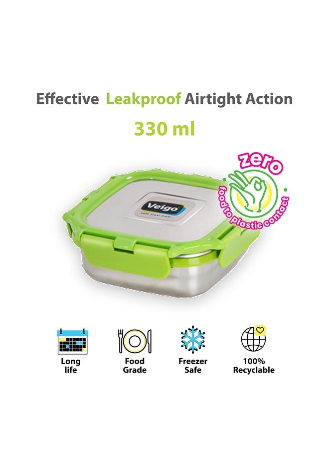 Veigo Veigo Original Stainless Steel Medium Snack Box (330 ml)| Airtight & Leakproof| Freezer & Dishwasher Safe| Snacks Box for School|Silicone Ring & Polymer Frame| Safe Lid Lock| Green  - Image 2