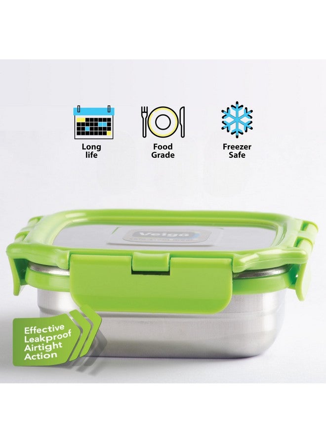 Veigo Veigo Original Stainless Steel Medium Snack Box (330 ml)| Airtight & Leakproof| Freezer & Dishwasher Safe| Snacks Box for School|Silicone Ring & Polymer Frame| Safe Lid Lock| Green  - Image 4