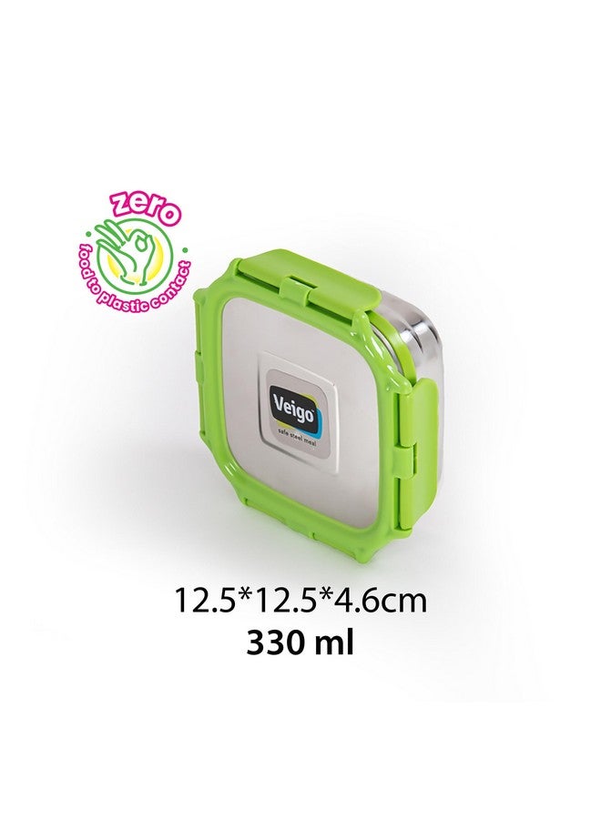 Veigo Veigo Original Stainless Steel Medium Snack Box (330 ml)| Airtight & Leakproof| Freezer & Dishwasher Safe| Snacks Box for School|Silicone Ring & Polymer Frame| Safe Lid Lock| Green  - Image 5