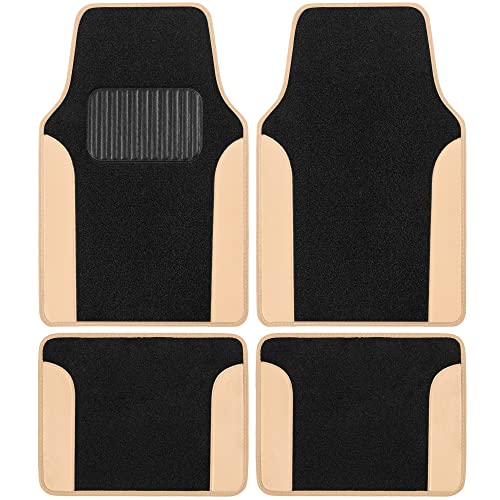 BDK Two-Tone Carpet Car Floor Mats with Faux Leather Accents, Automotive Floor Mat Set with Built-in Heel Pad, Stylish Interior Car Accessories (Beige) - Image 1
