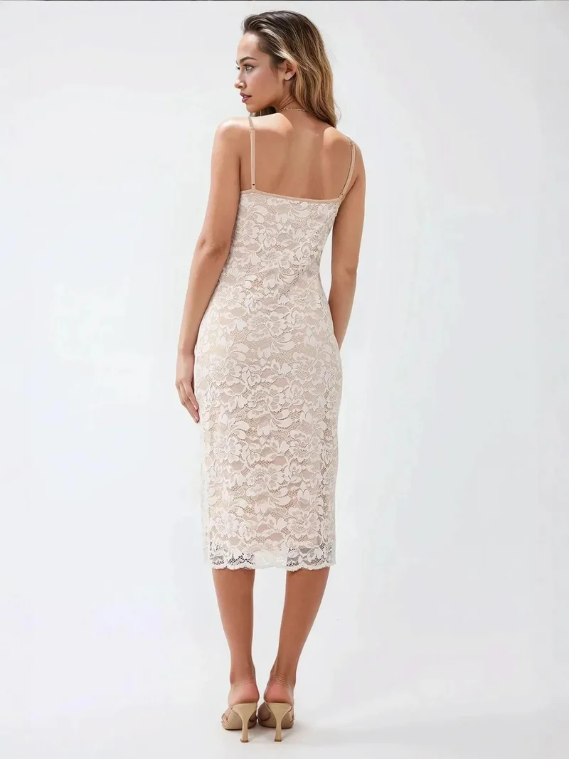 HICCUP Square Collar Lace Midi Bodycon Dress